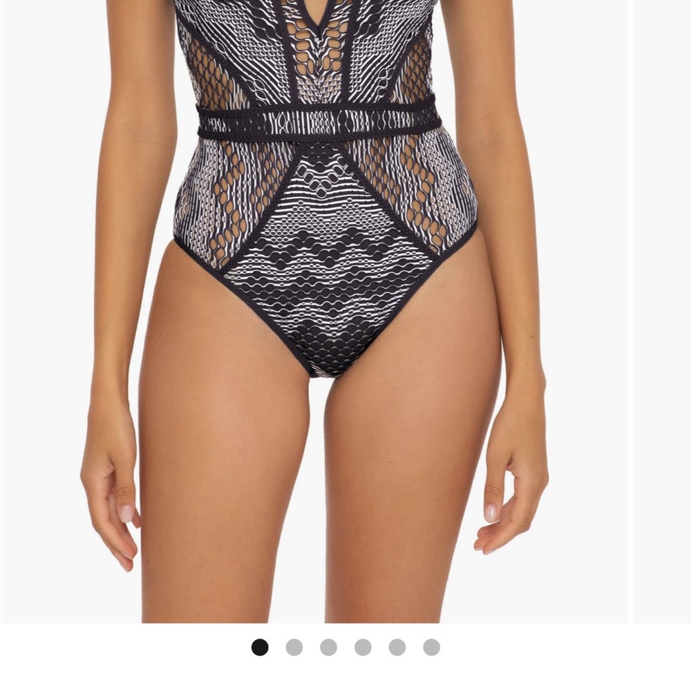 Becca Color Play one-piece swimsuit, plunge neckline, crochet look